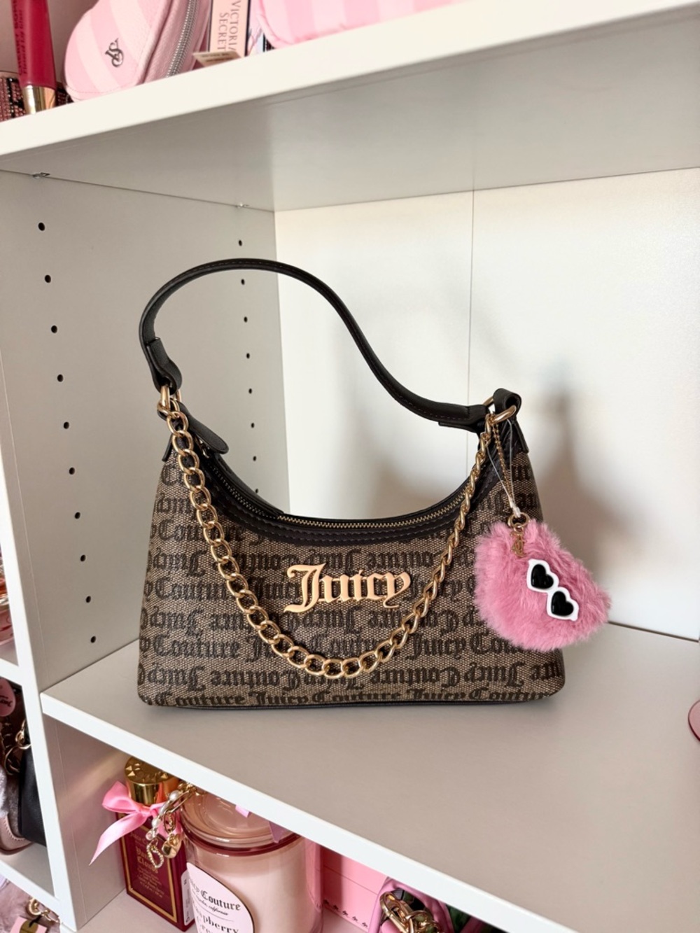 Juicy Couture “Hey Queen” Brown Logo Shoulder Bag with Pink Fur Heart Charm
